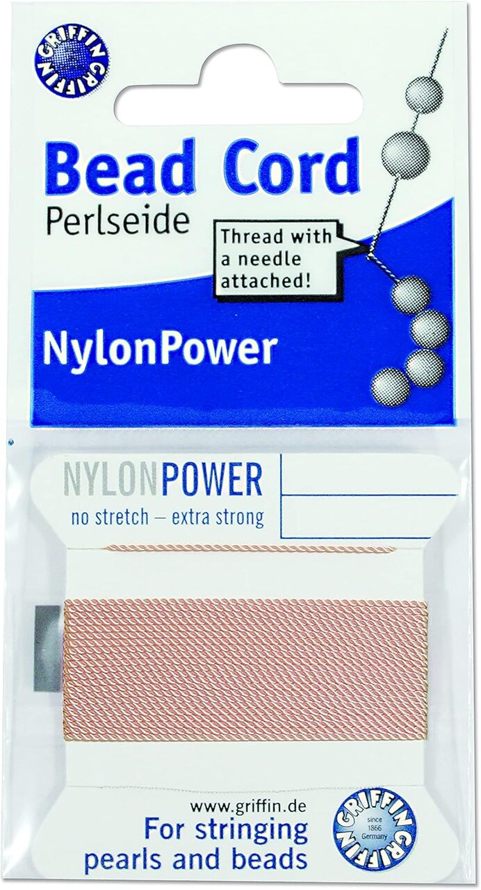 Griffin Nylon Bead Cord Perlseide – Size 4 (0.60mm) – 2 Meters per Card – Stainless Steel Needle Attached – for Knotting Pearls, Gemstones, Crystals and Beads